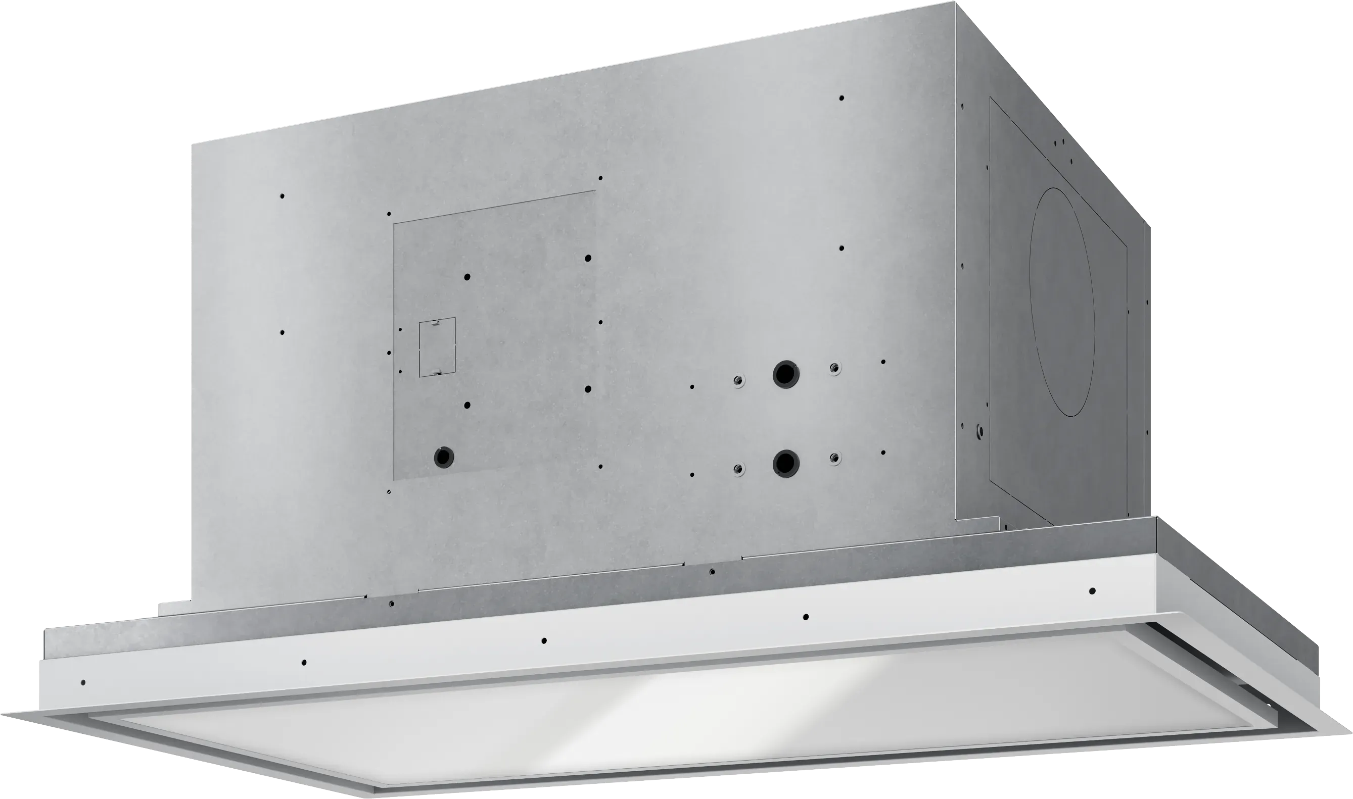 Ceiling-mounted recessed ventilation unit with a metal housing.